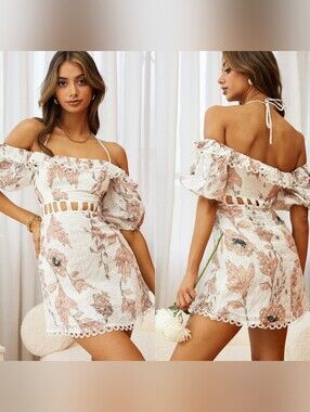 Selfie Leslie Happy Days Halterneck Puff Sleeve Eyelet Dress Floral Print Rose S
